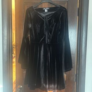 Spin Doctor Black Velvet Dress with Bell Sleeves & Tie Front